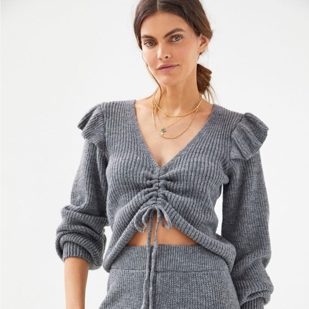 Anthropologie daily practice gray ruffled knit sweater women’s size L